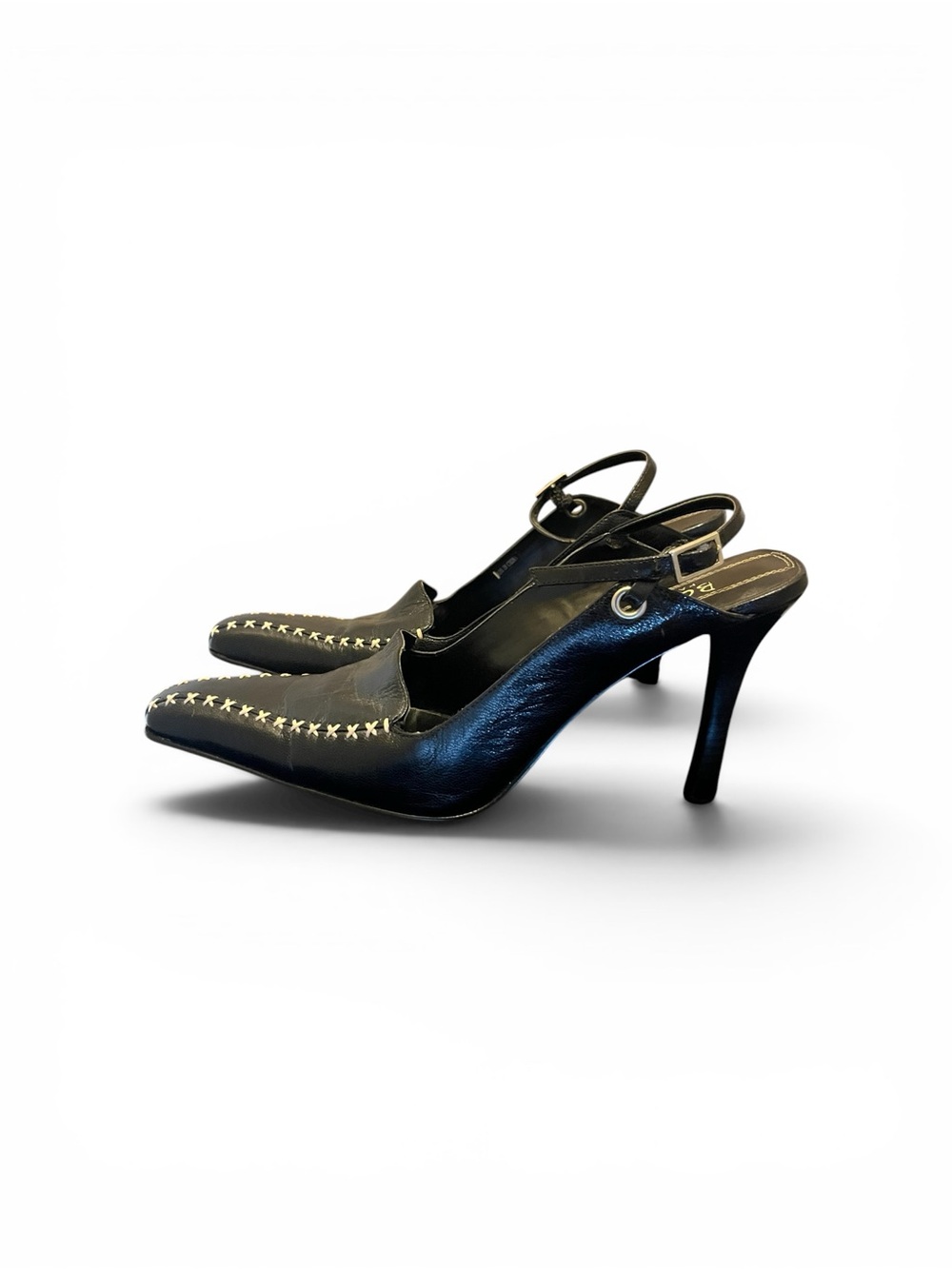 BCBG Paris Black Slingback Stiletto Heels with White Cross-Stitch